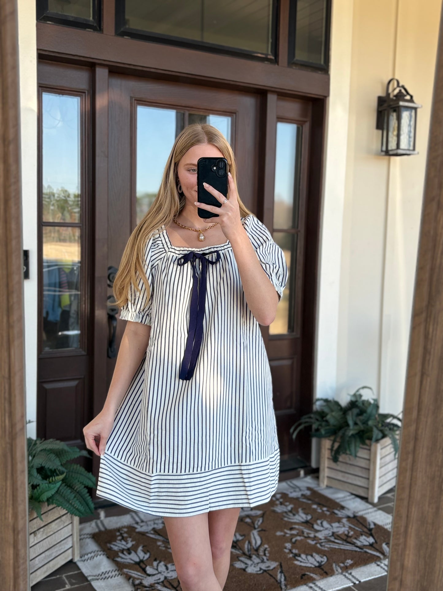 Striped Tie Mini Dress, Navy