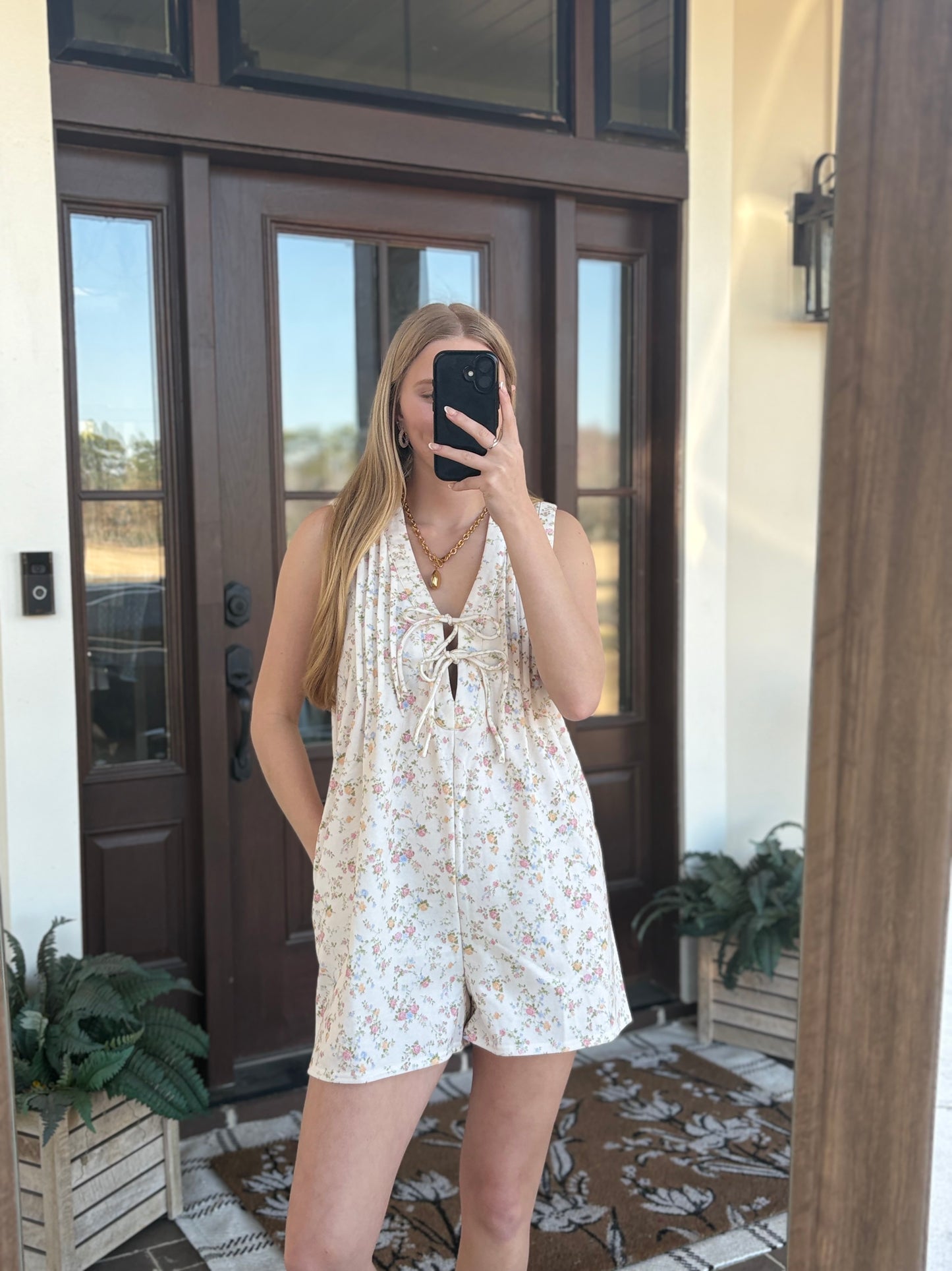 Ivory Floral Tie Sleeveless Romper