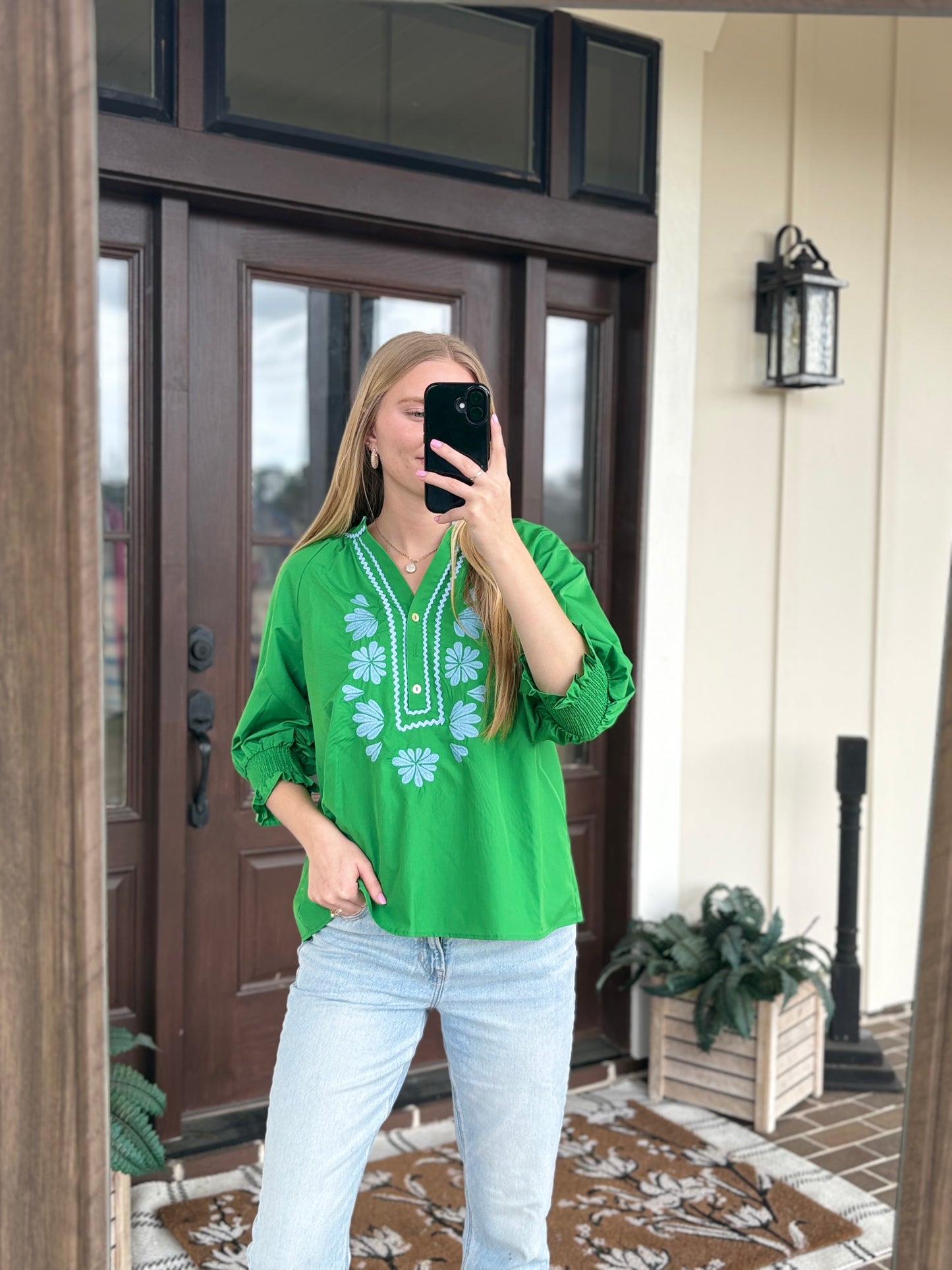 Green, Blue Floral Blouse