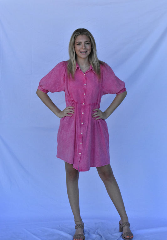 Pink Denim Button Up Dress