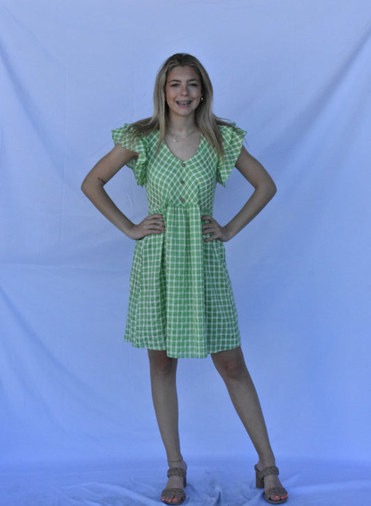 Green and White Checkered Babydoll Dress