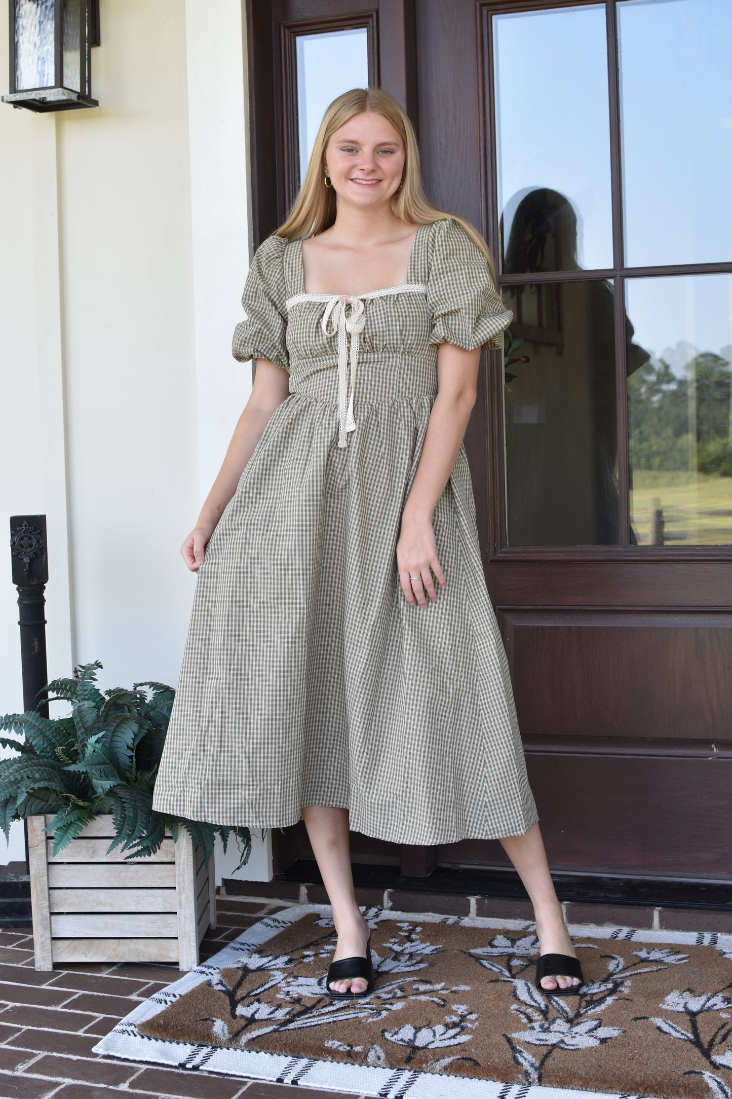 Neutral Gingham Lace Bow Midi