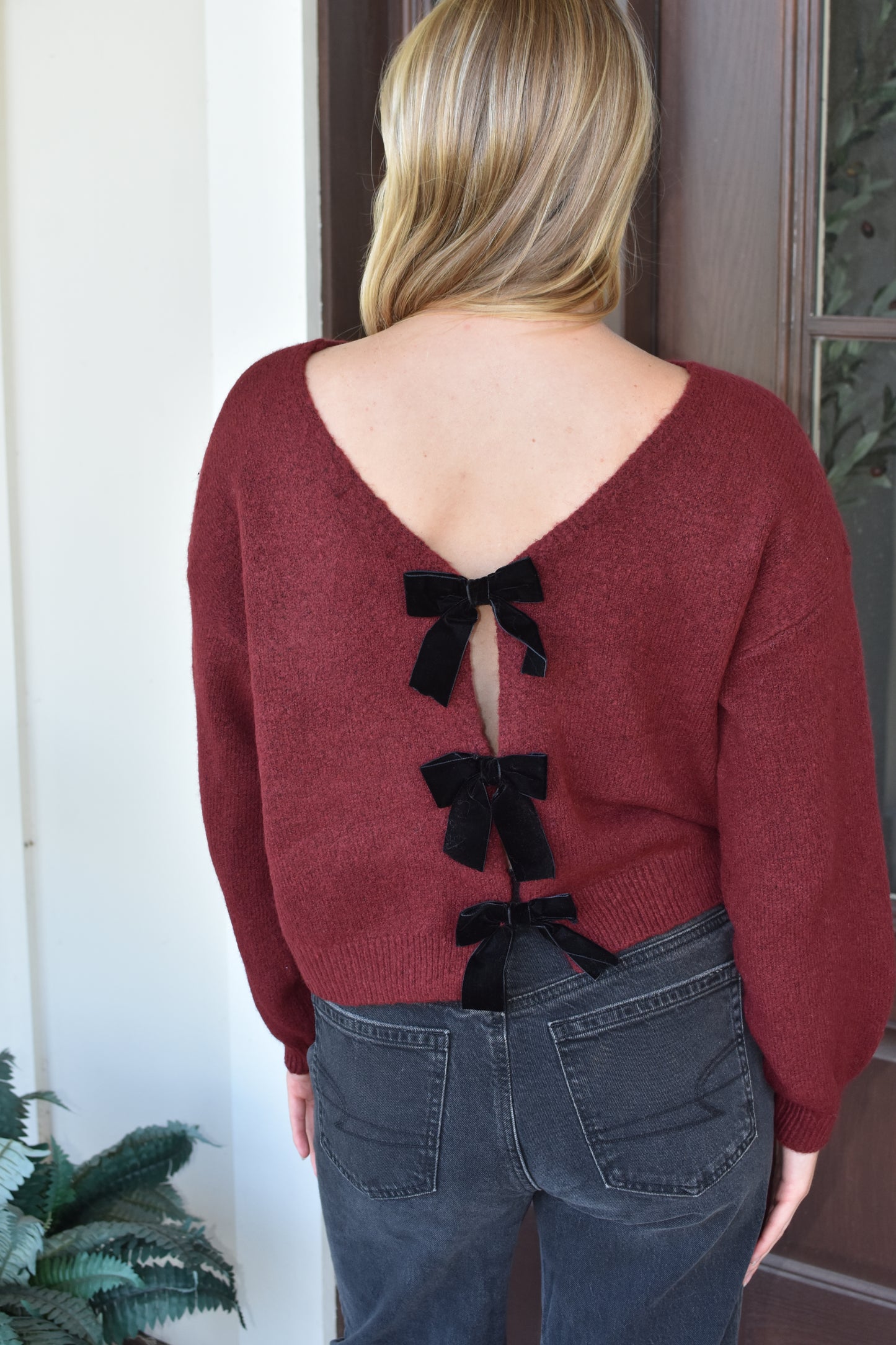 Burgundy Accent Bow Sweater