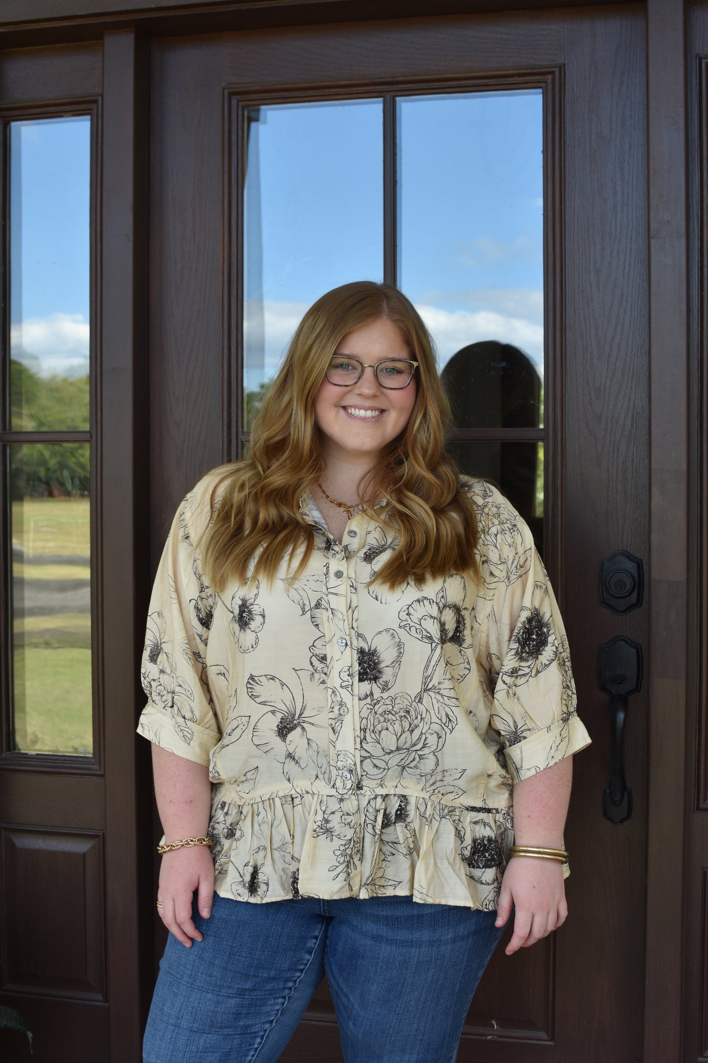 Black Floral Button Up, CURVY