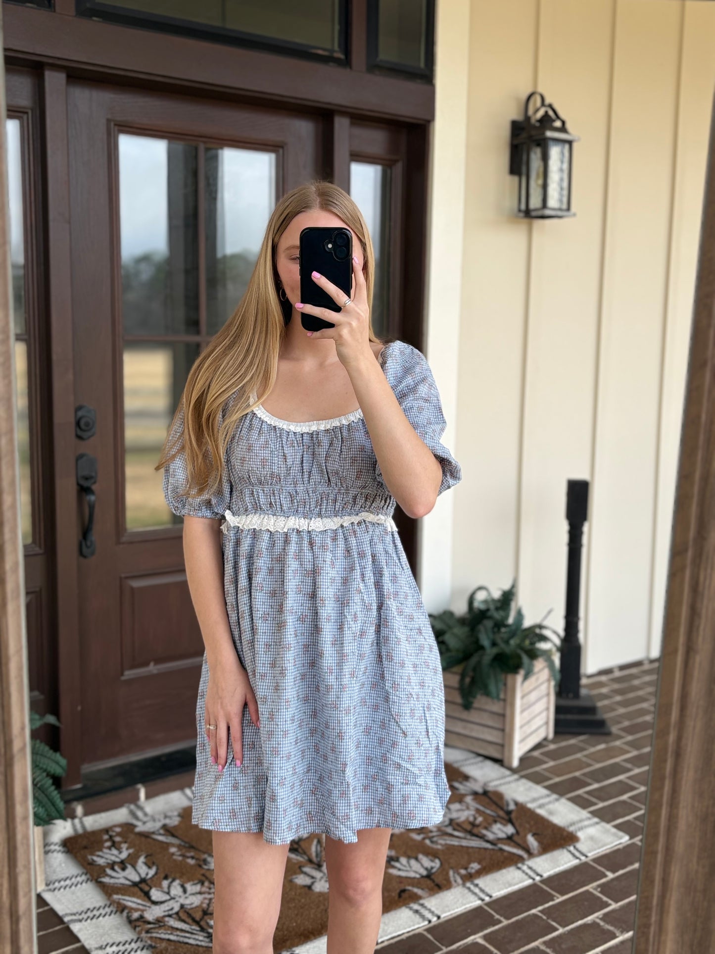 Blue Gingham Floral Mini