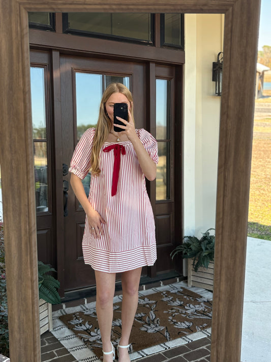 Striped Tie Mini Dress, Red