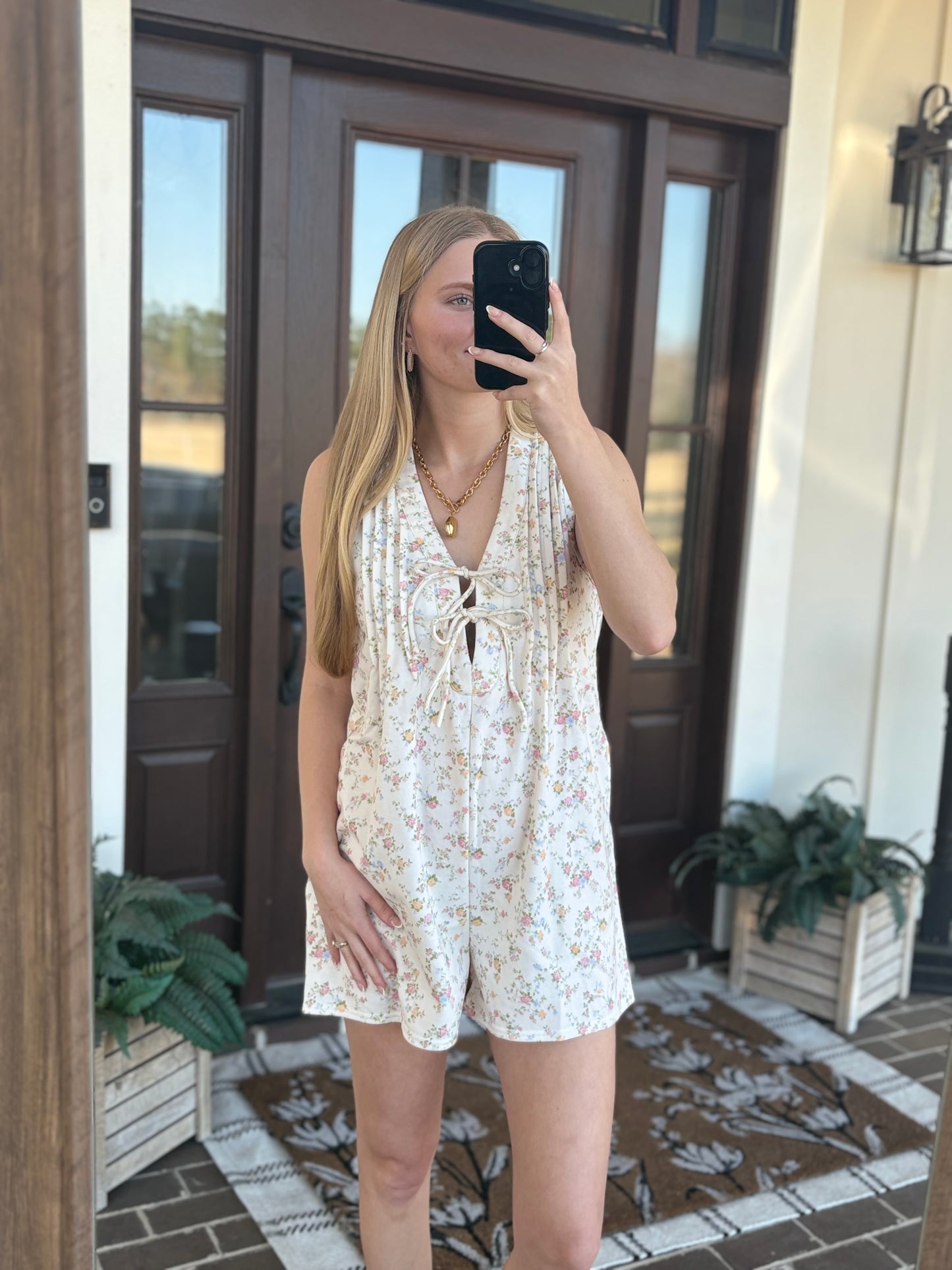 Ivory Floral Tie Sleeveless Romper