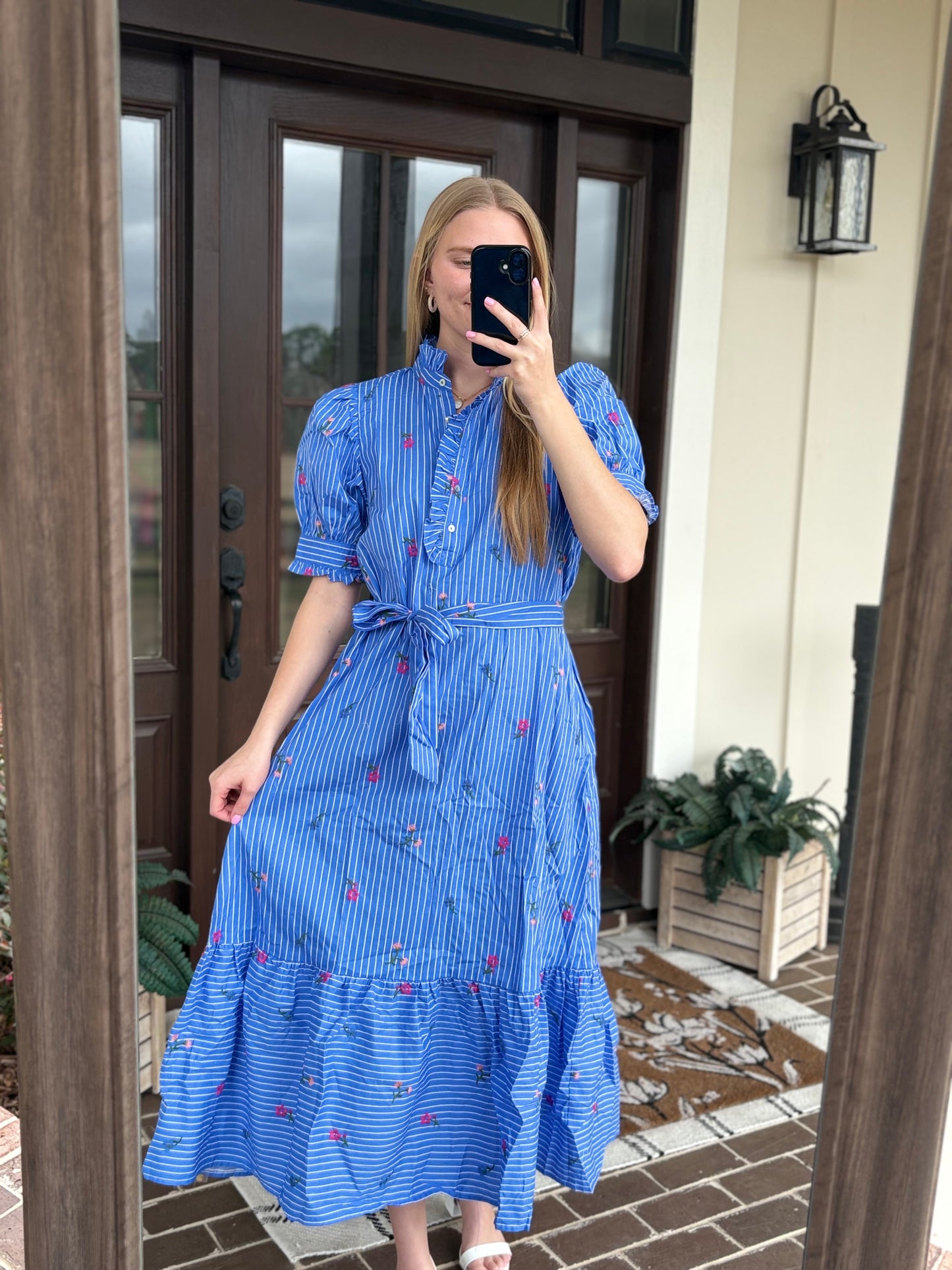 Blue Embroidered Floral Midi