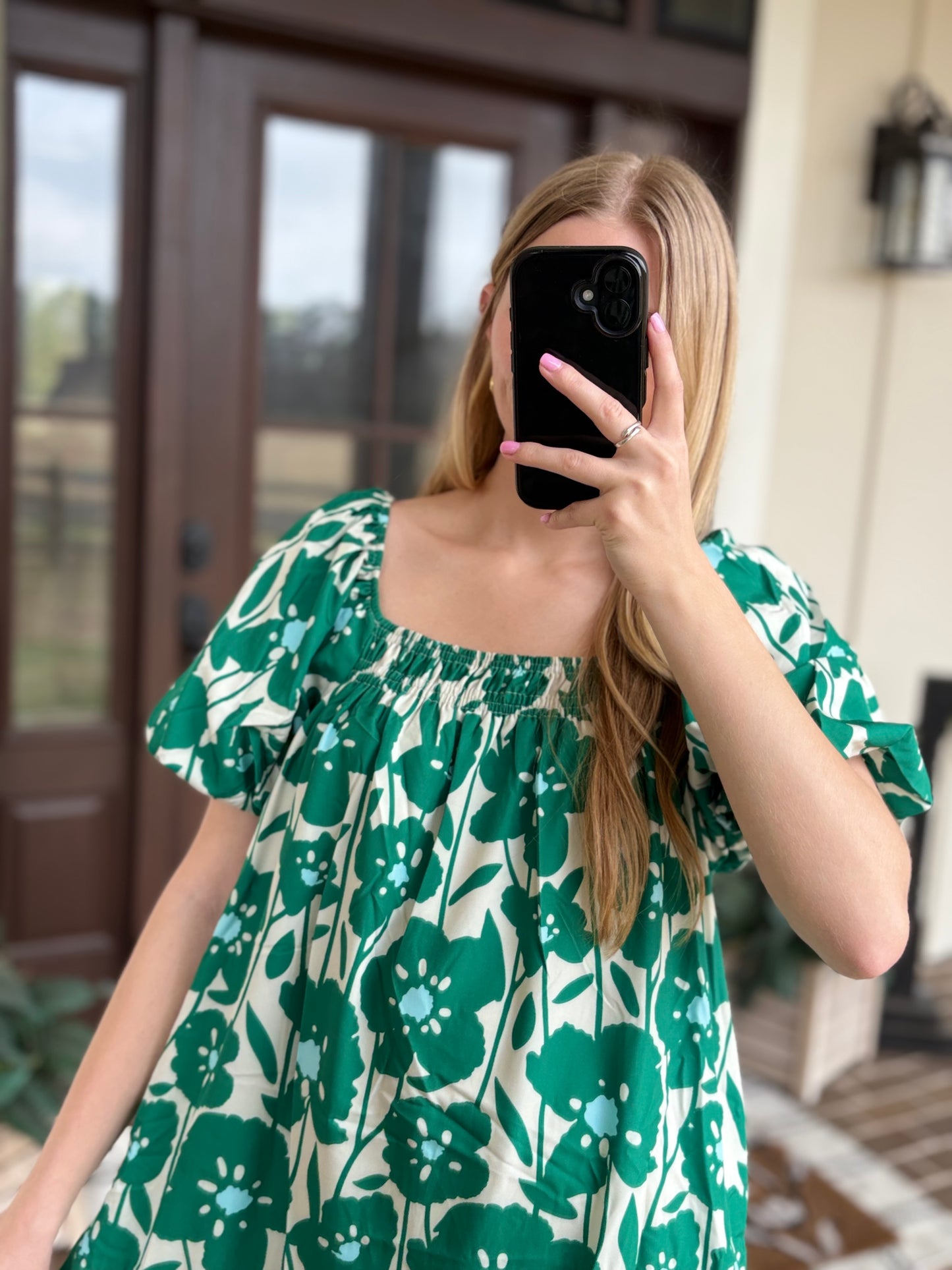 Green Big Floral Bubble Sleeve Mini