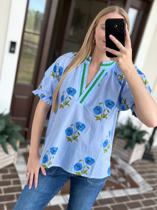 Blue Floral Print Blouse