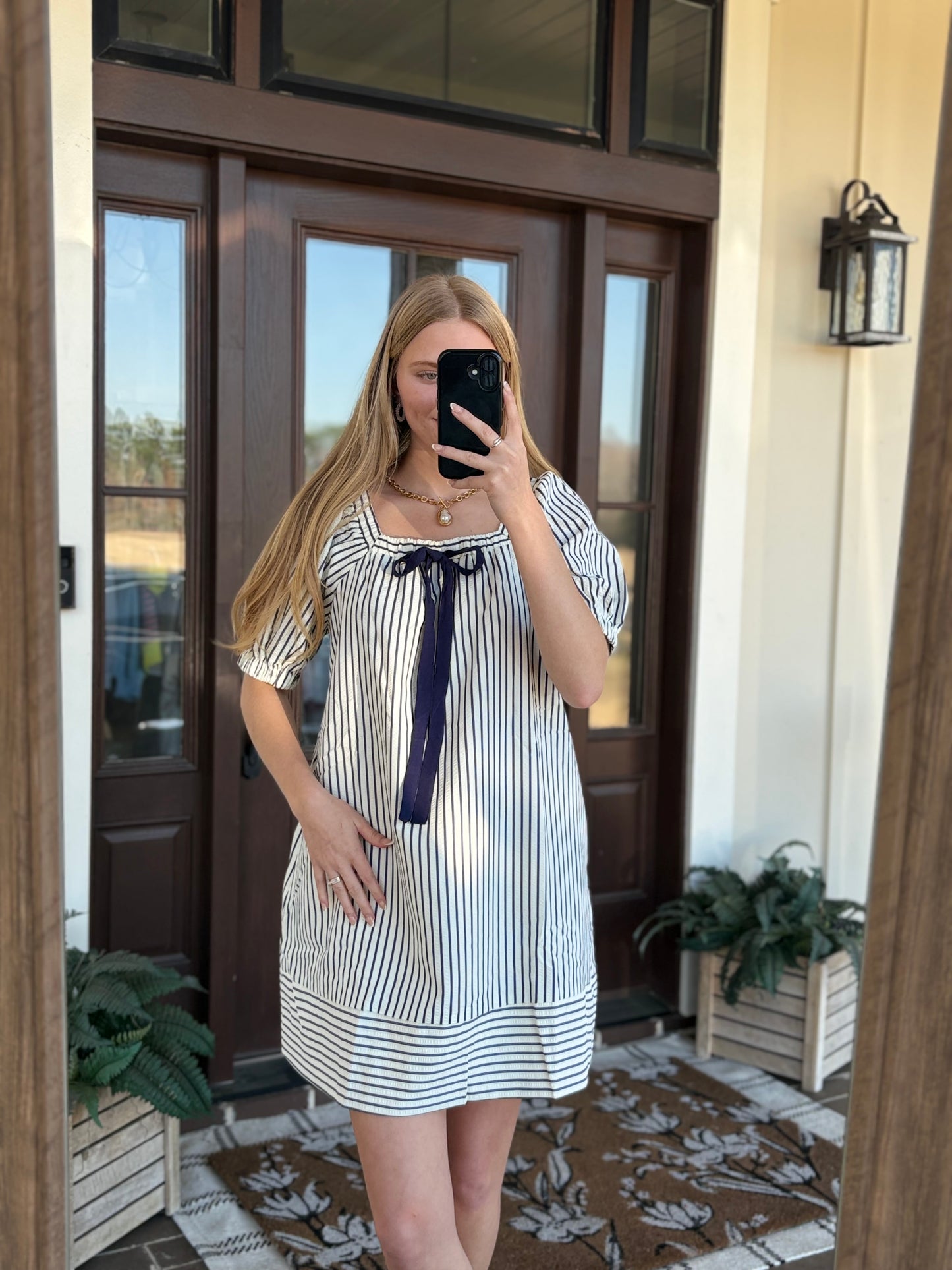Striped Tie Mini Dress, Navy