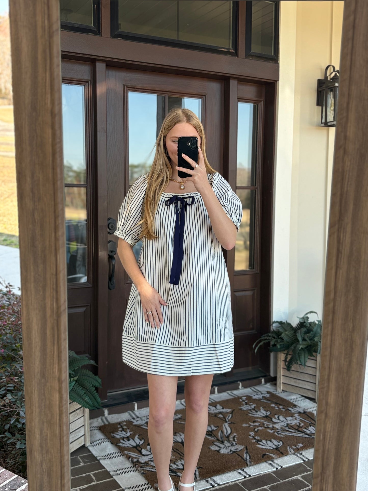 Striped Tie Mini Dress, Navy