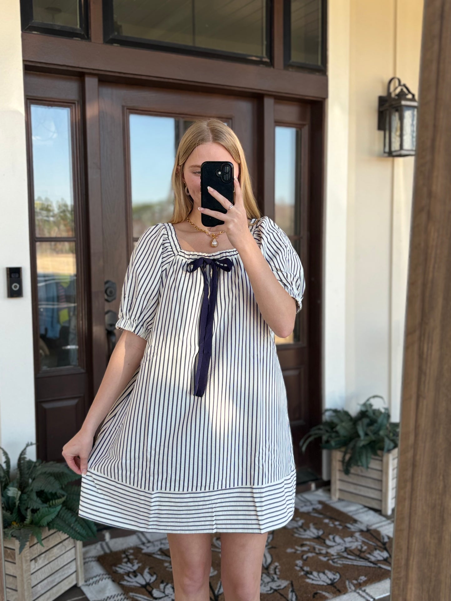Striped Tie Mini Dress, Navy