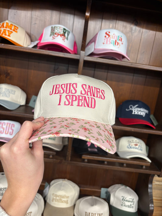 Jesus Saves I Spend Floral Cap