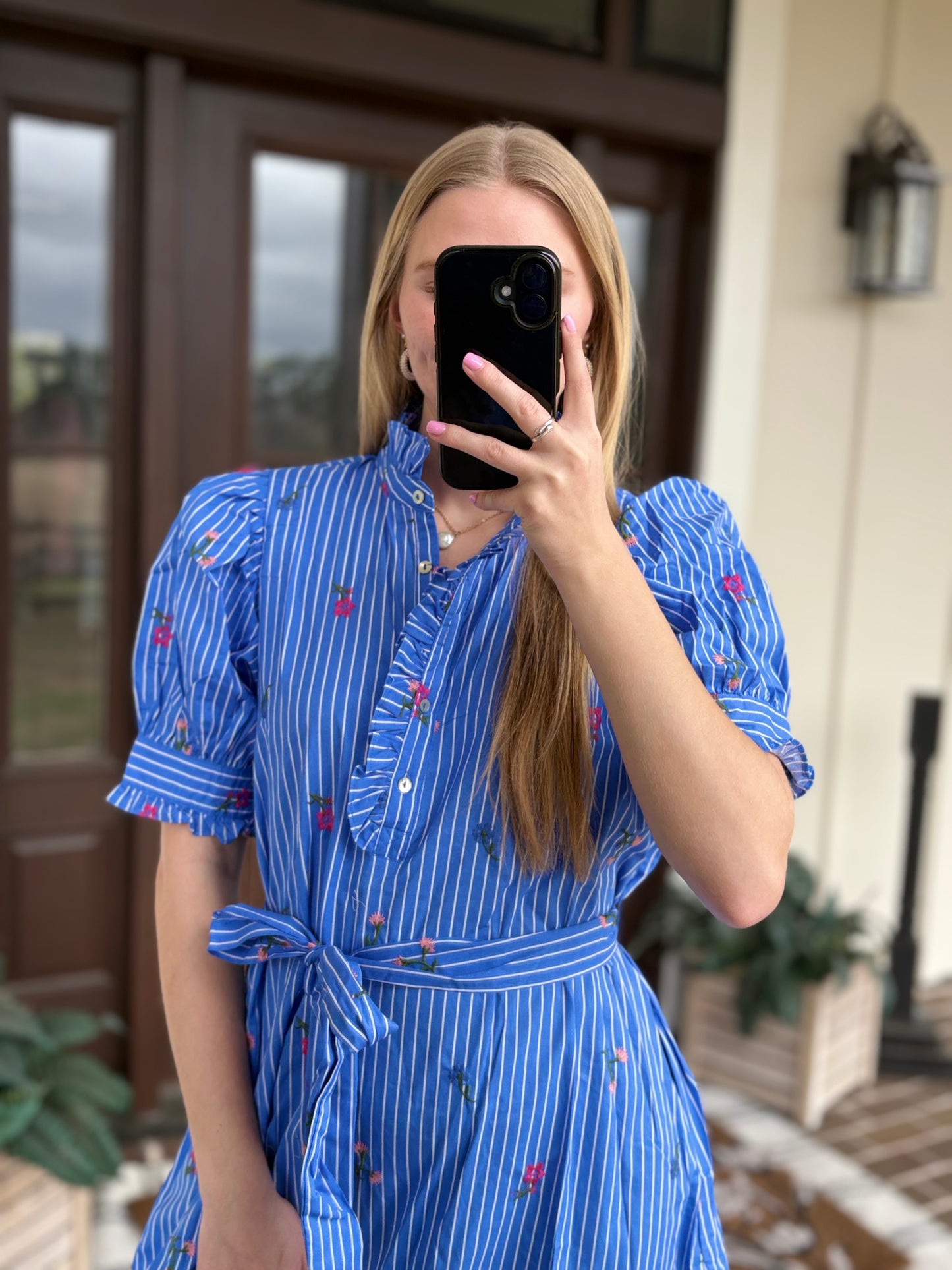 Blue Embroidered Floral Midi