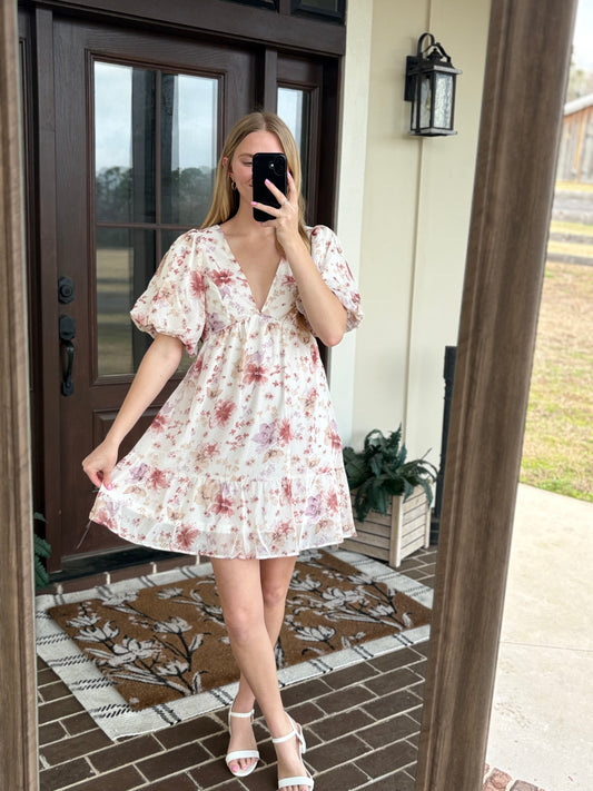 Ivory Floral V-Neck Mini