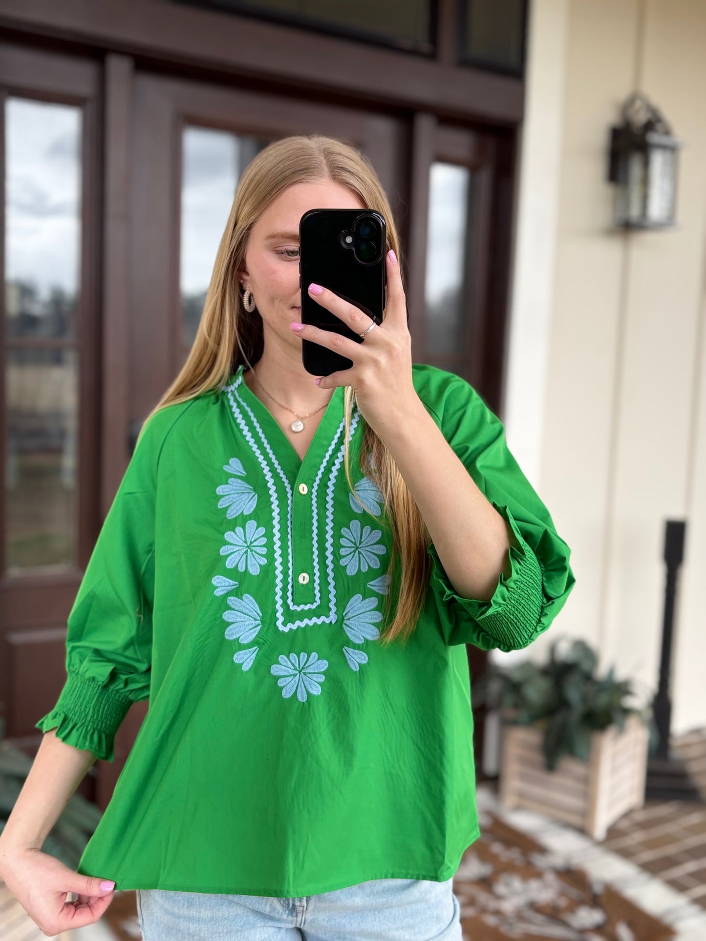 Green, Blue Floral Blouse