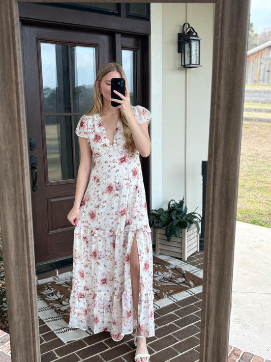 Ivory Floral V-Neck Maxi