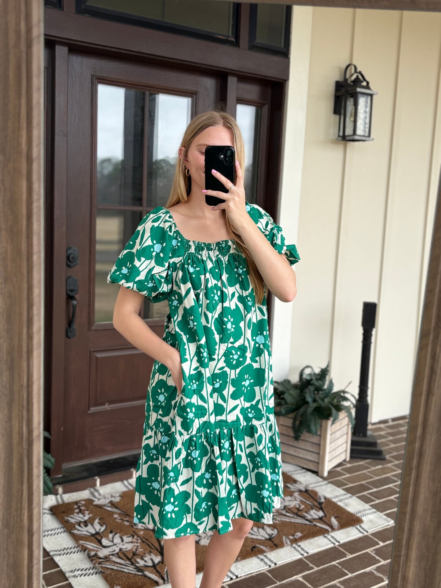 Green Big Floral Bubble Sleeve Mini