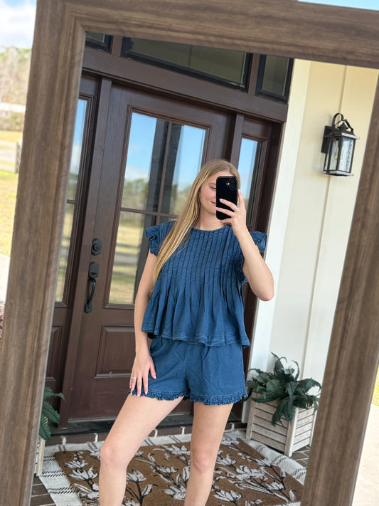 Ruffled Hem Denim Shorts