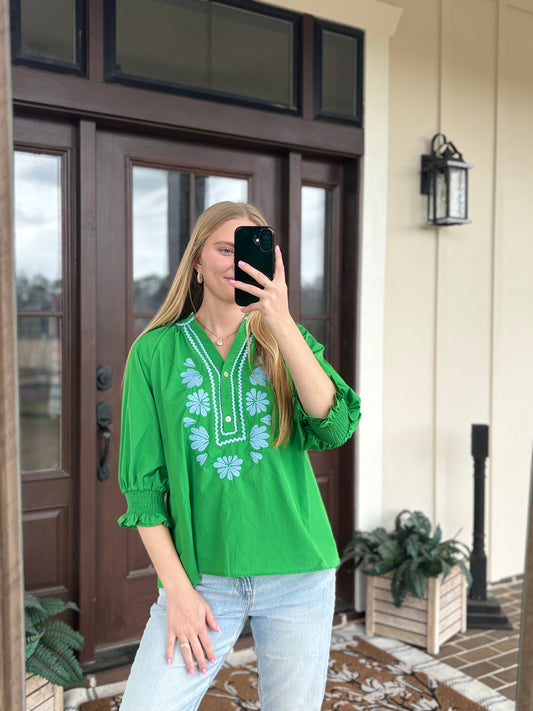 Green, Blue Floral Blouse