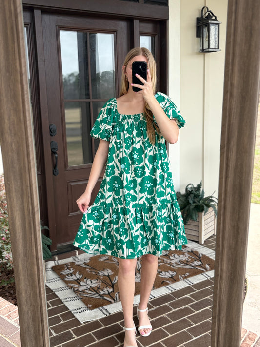Green Big Floral Bubble Sleeve Mini