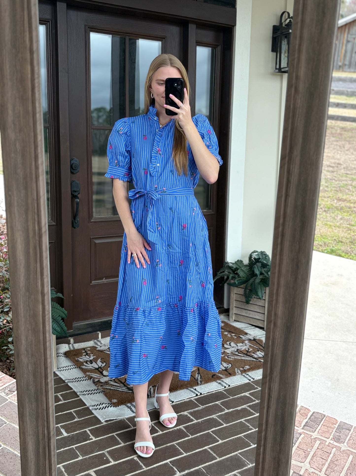 Blue Embroidered Floral Midi