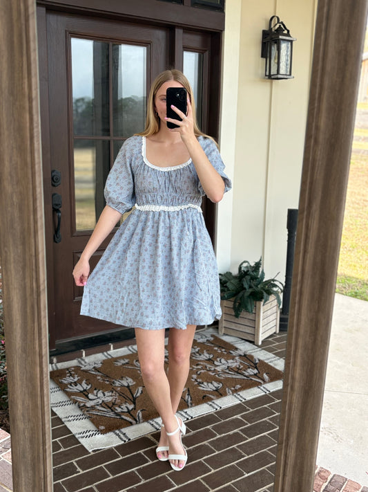 Blue Gingham Floral Mini
