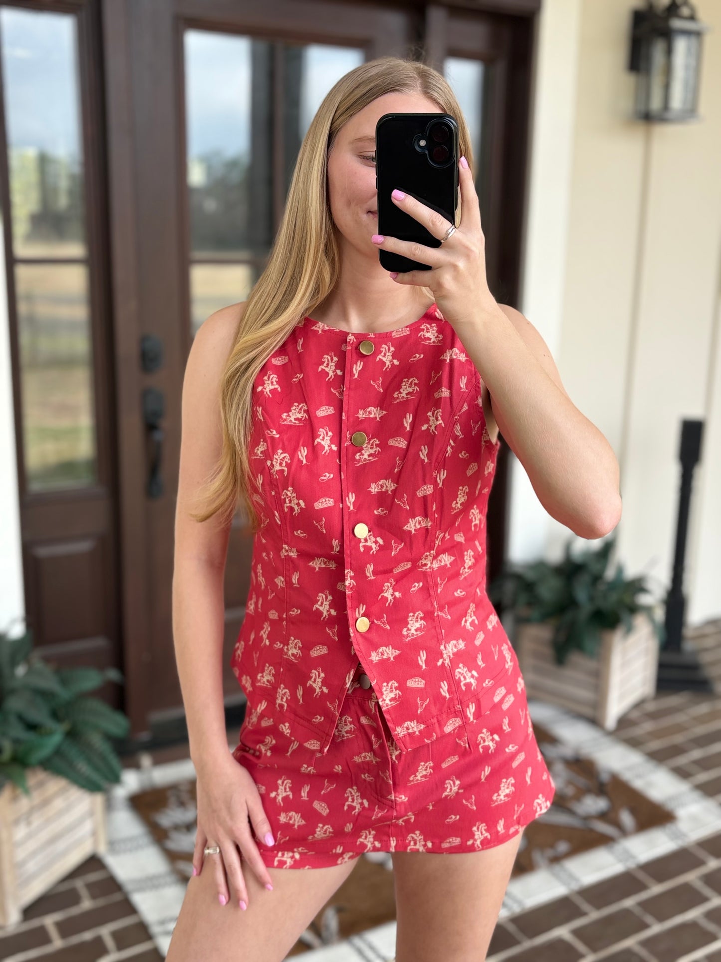 Red Western Print Skort Set