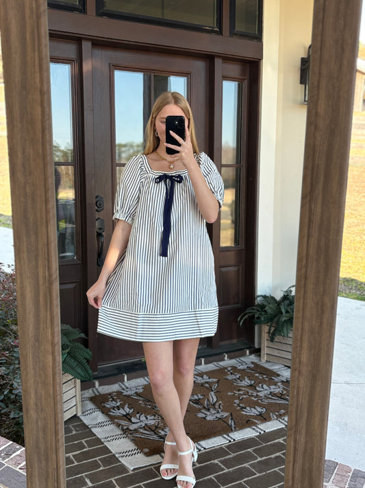 Striped Tie Mini Dress, Navy