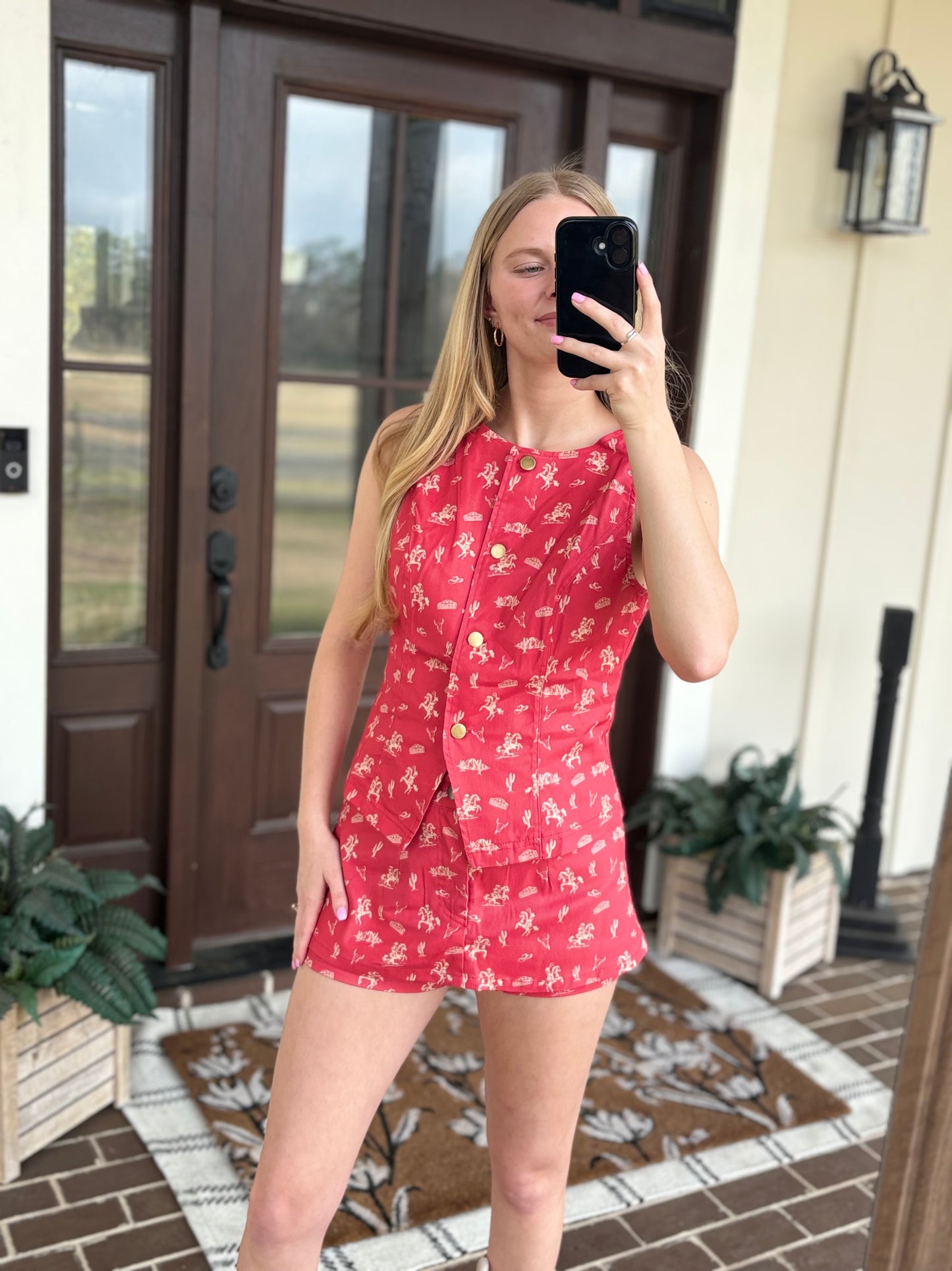 Red Western Print Skort Set