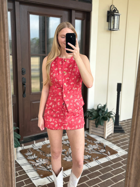 Red Western Print Skort Set
