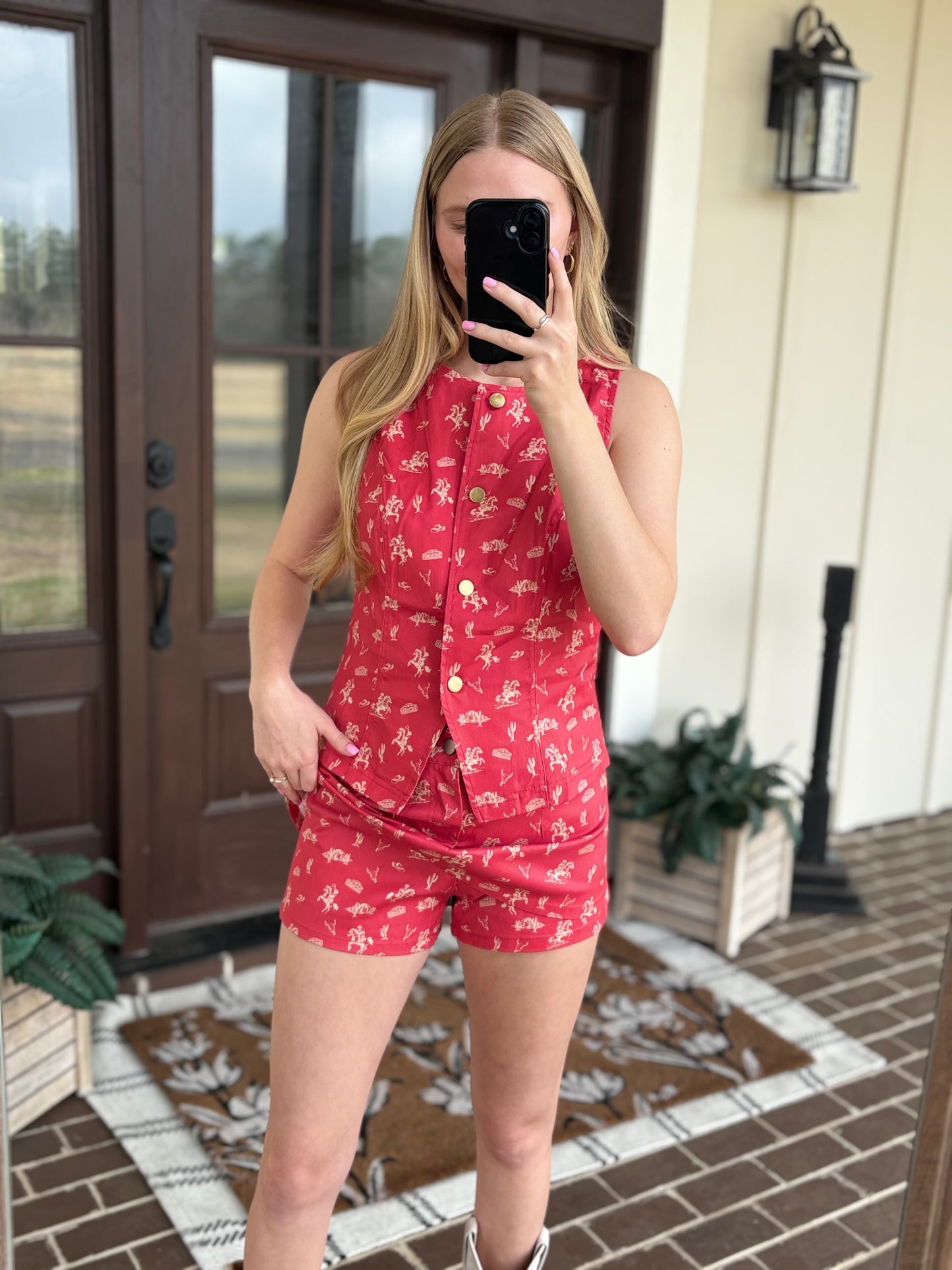 Red Western Print Skort Set