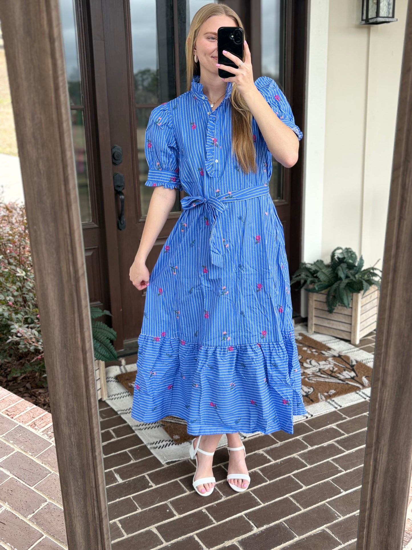 Blue Embroidered Floral Midi