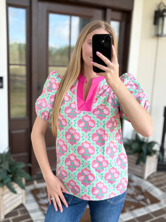 Pink and Green Floral Blouse