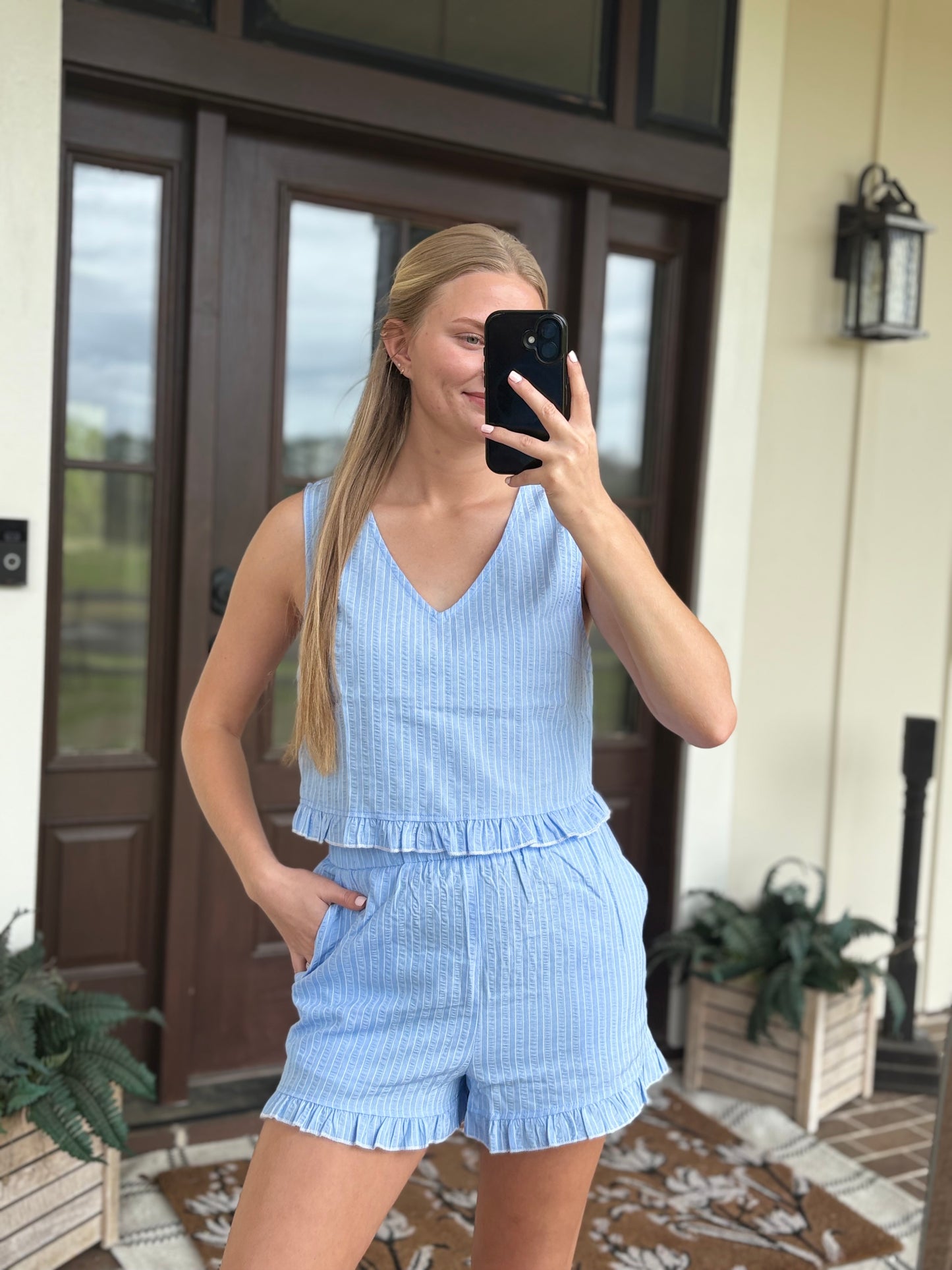 Baby Blue Striped Shorts Set