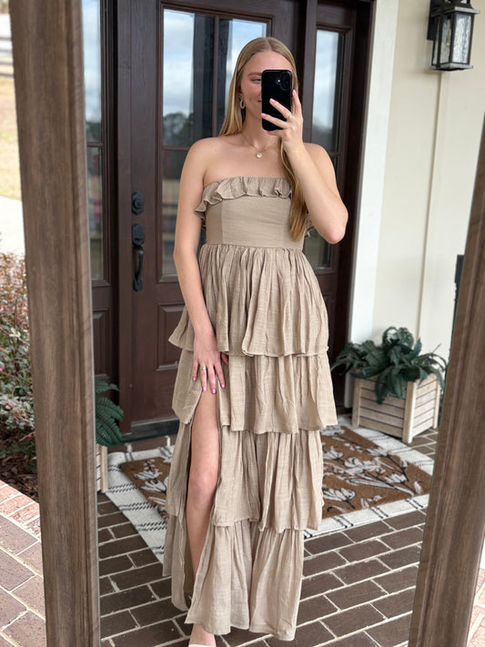 Taupe Ruffle Strapless Midi