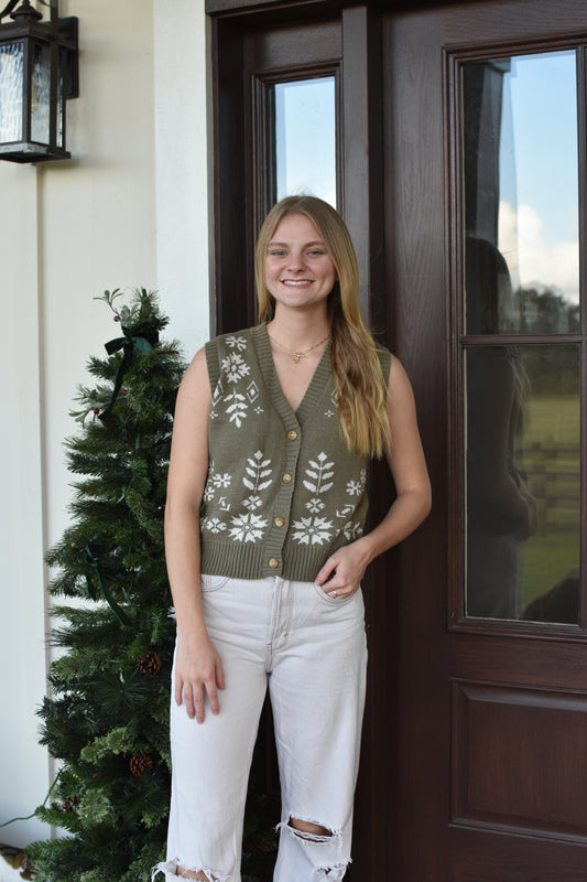 Olive Floral Print Button Vest