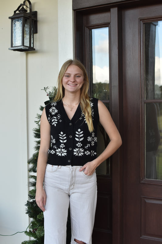 Black Floral Print Button Vest