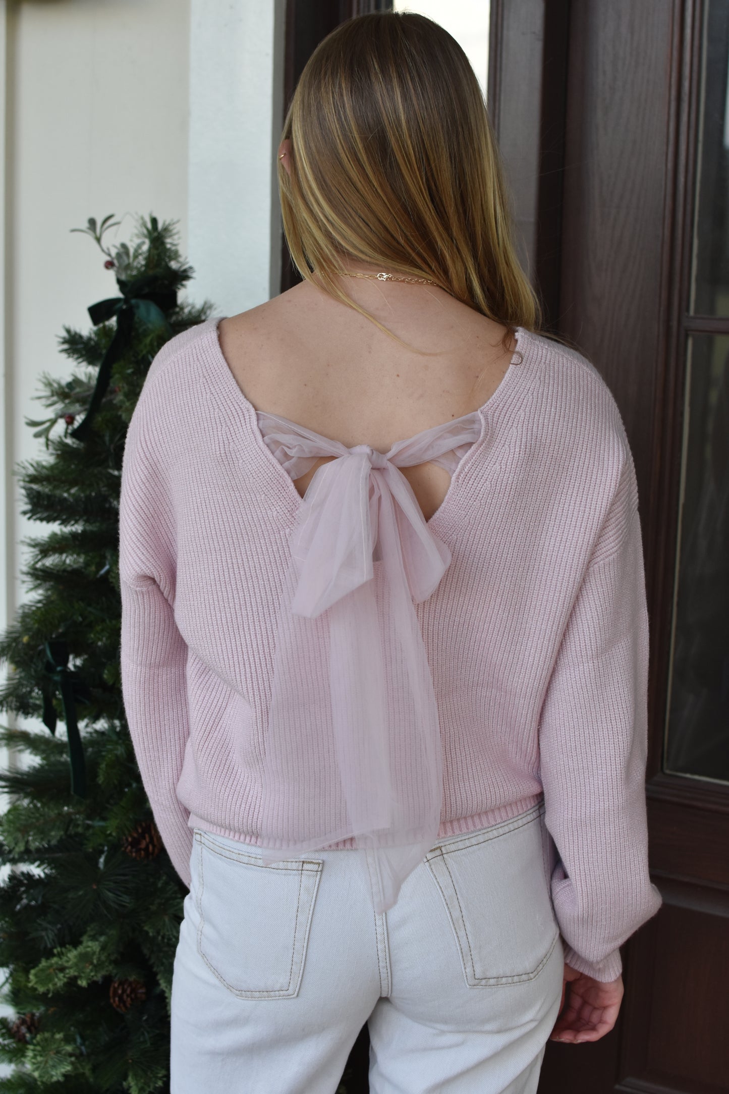 Baby Pink Knitted Tie Bow Sweater