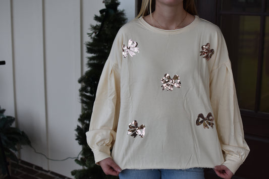 Cream Sequin Detail Bow Sweater