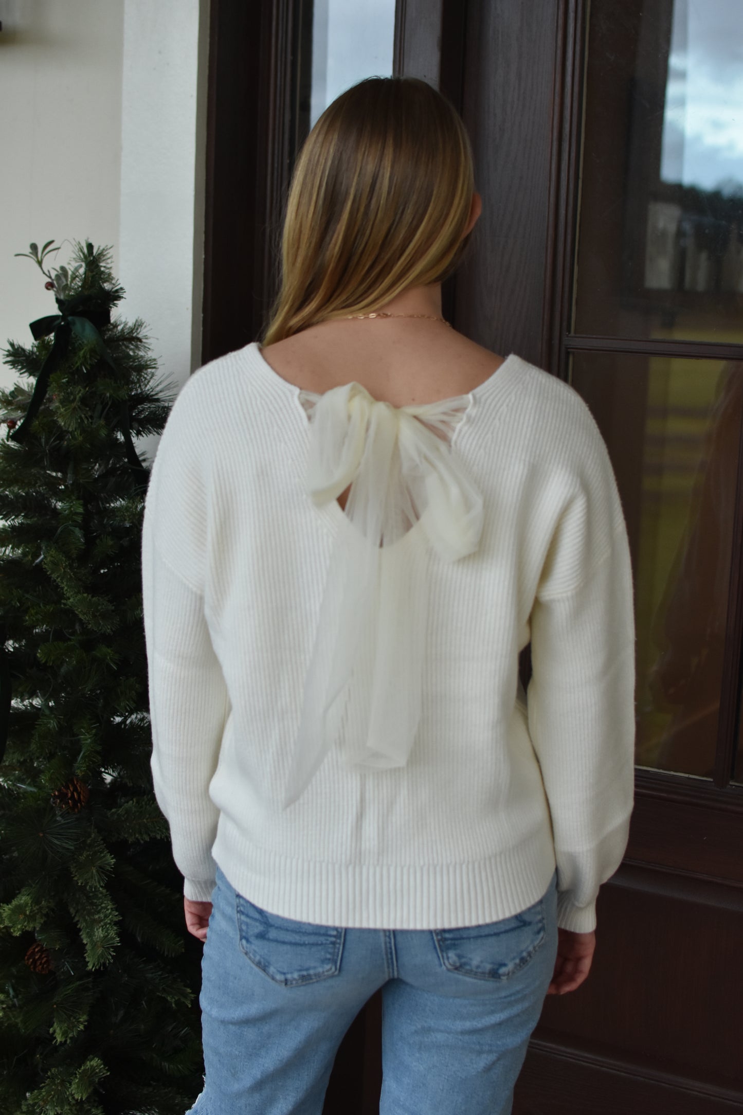 Winter White Knitted Tie Bow Sweater