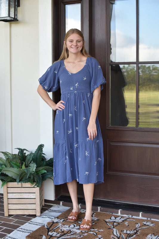 Denim Bow Embroidered Midi