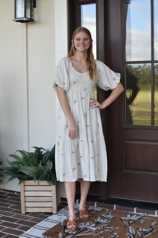 White Bow Embroidered Midi