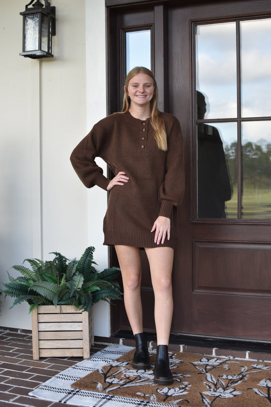 Coffee Bean Half Button Sweater Dress