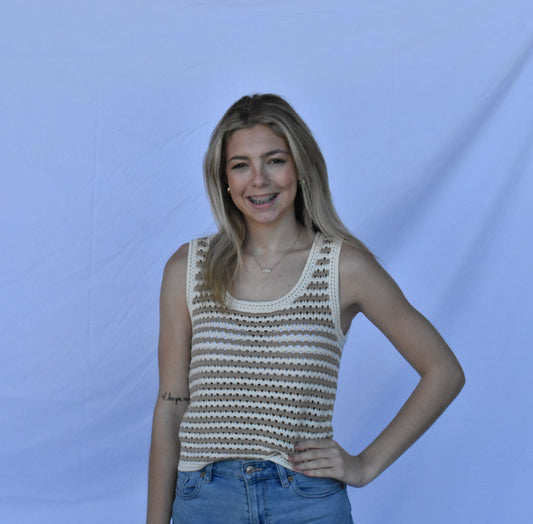 Tan and White Crochet Tank Top