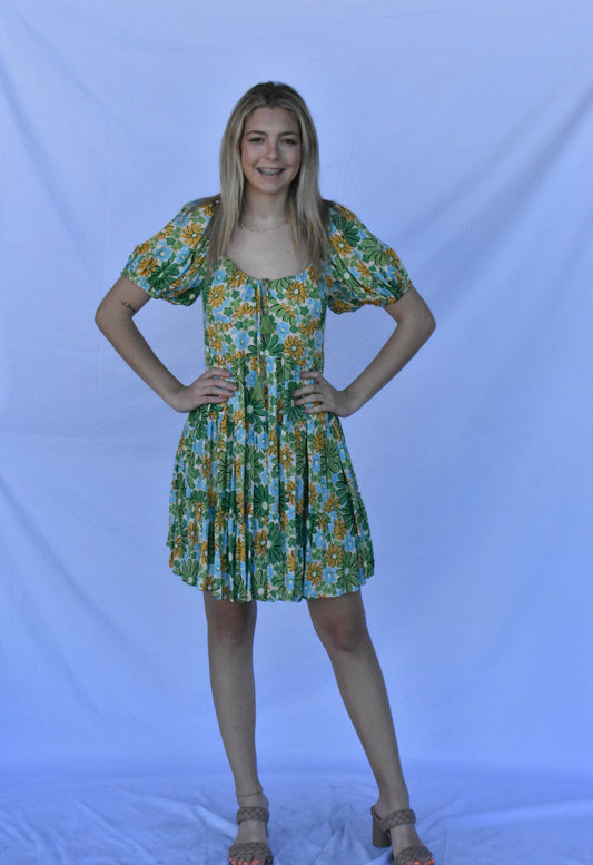 Green and Yellow Floral Babydoll Dress