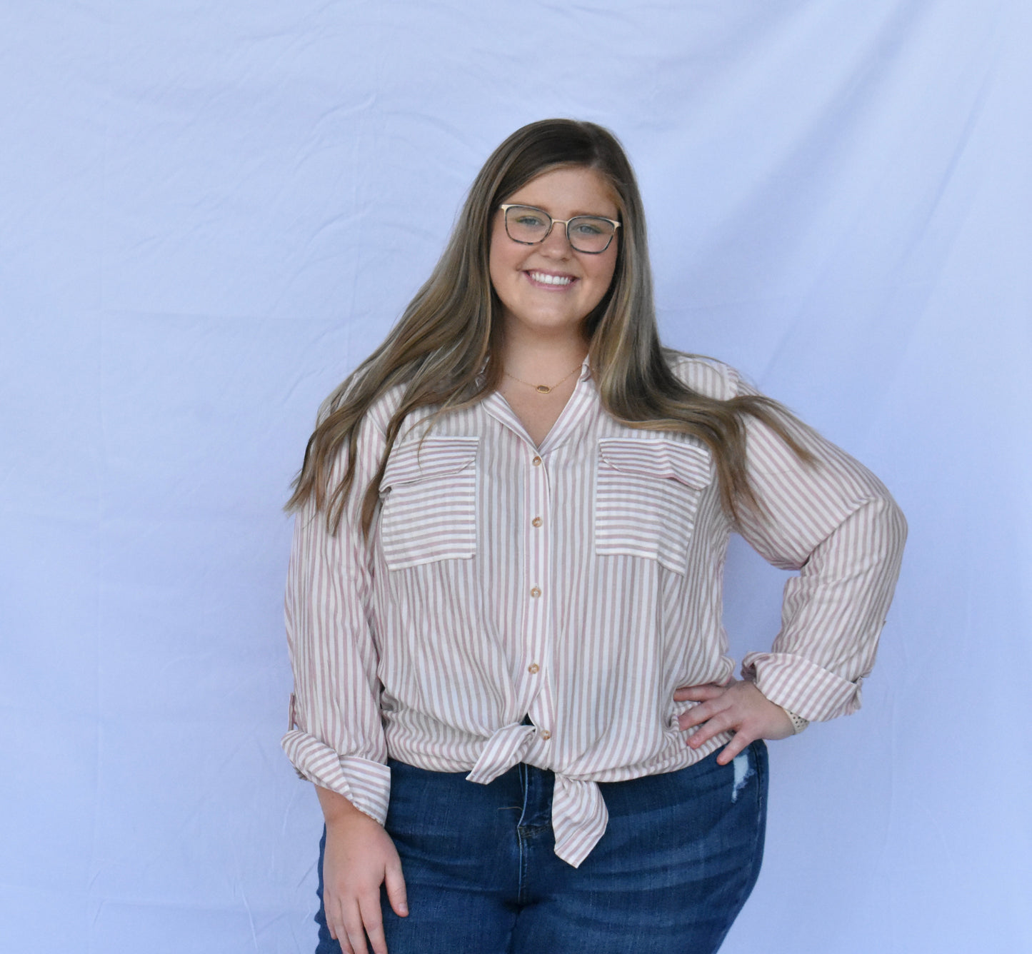 Light Pink Striped Button Up, CURVY