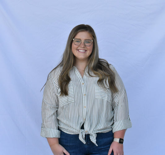 Sage and White Striped Button Up, CURVY