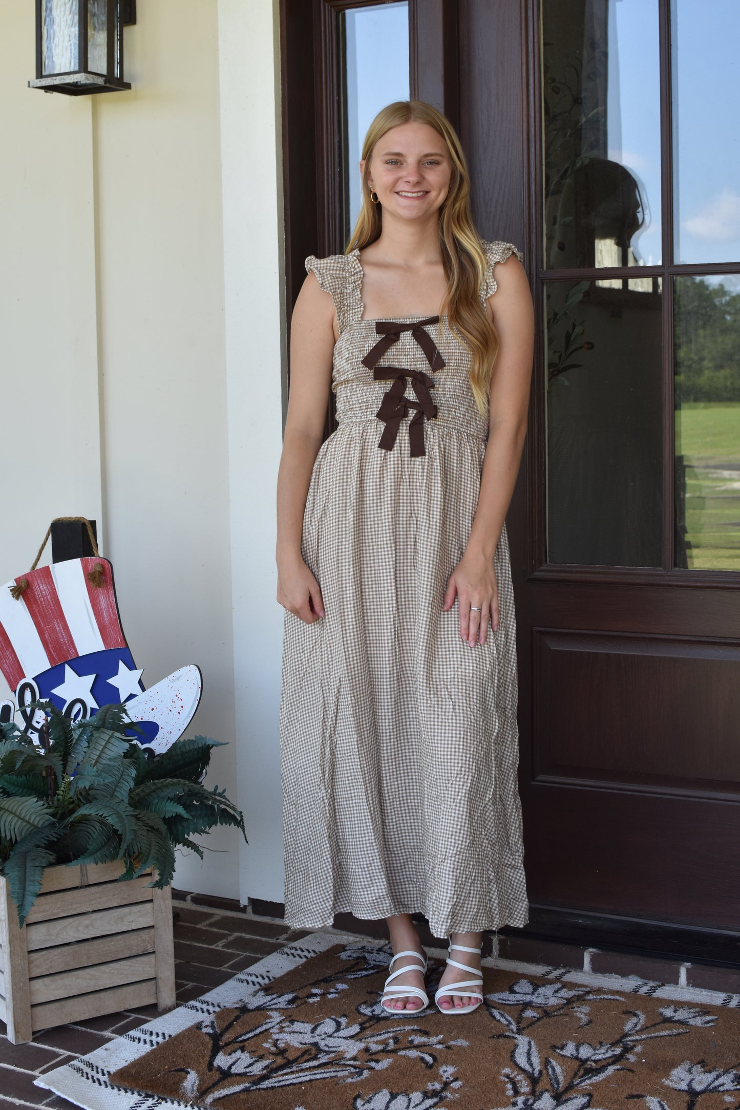 Neutral Gingham Bow Midi